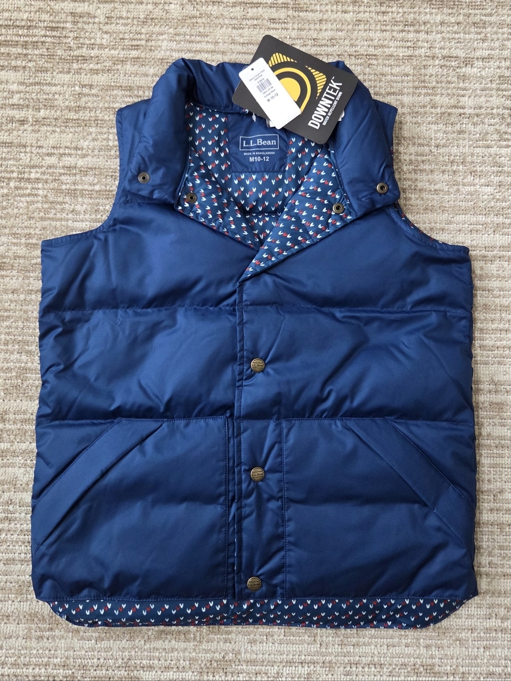 L.L. Bean Girls Blue Lightweight Downtek Puffer Vest with Patterned Lining